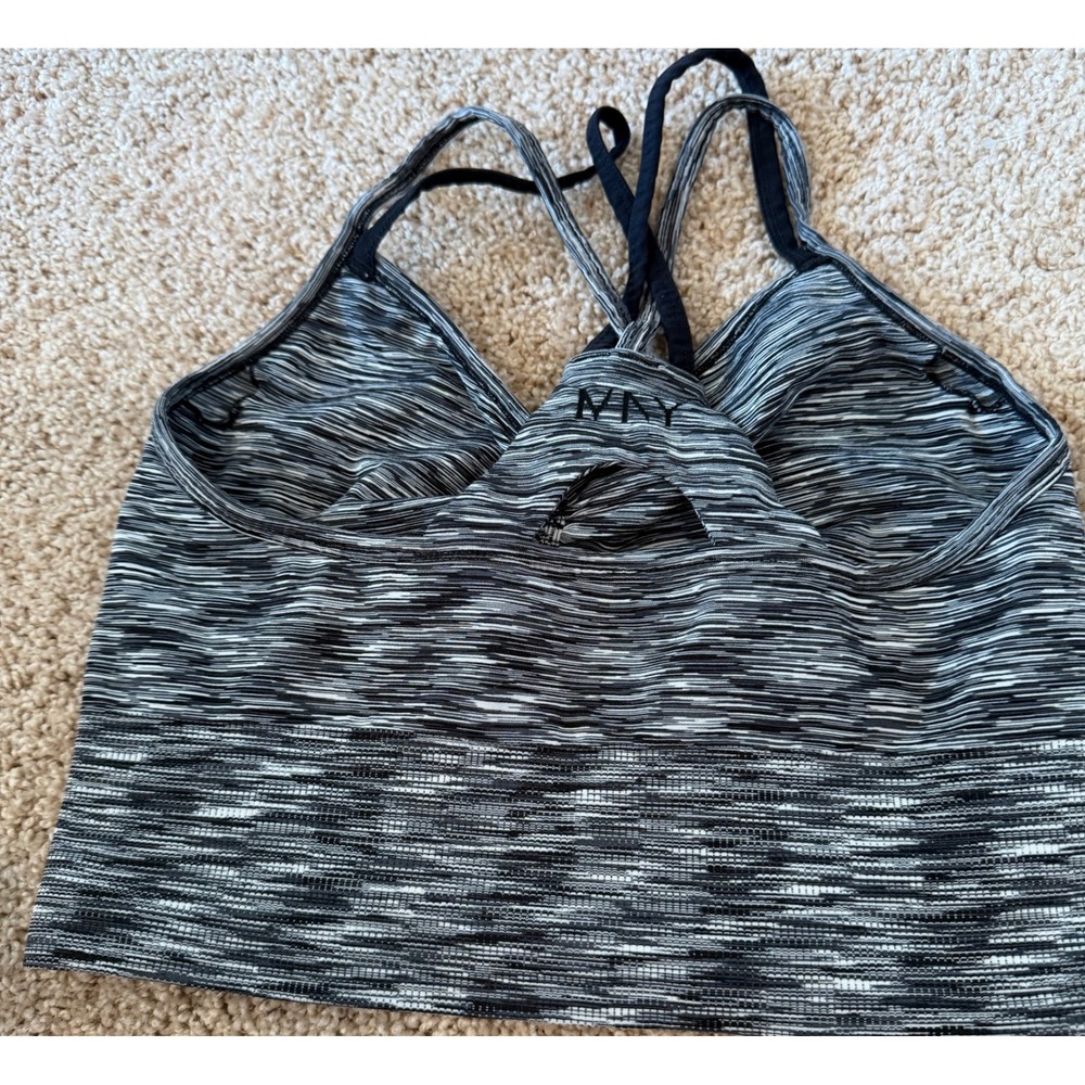 NAY Women Black White Space Dye Ruched Strappy Racerback Athletic Crop‎ Top Tank